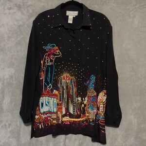Vtg Diane Gilman Silk Top | Vegas Sequin Blouse Colorful Maximalist Statement L